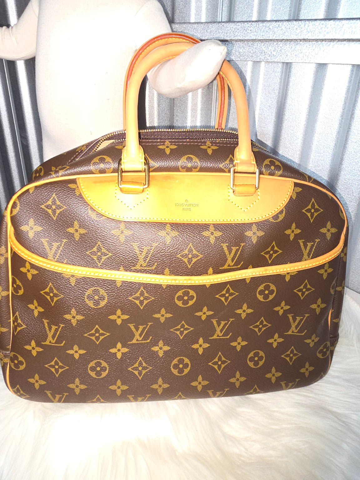 Full front view of monogram Deauville-style handbag