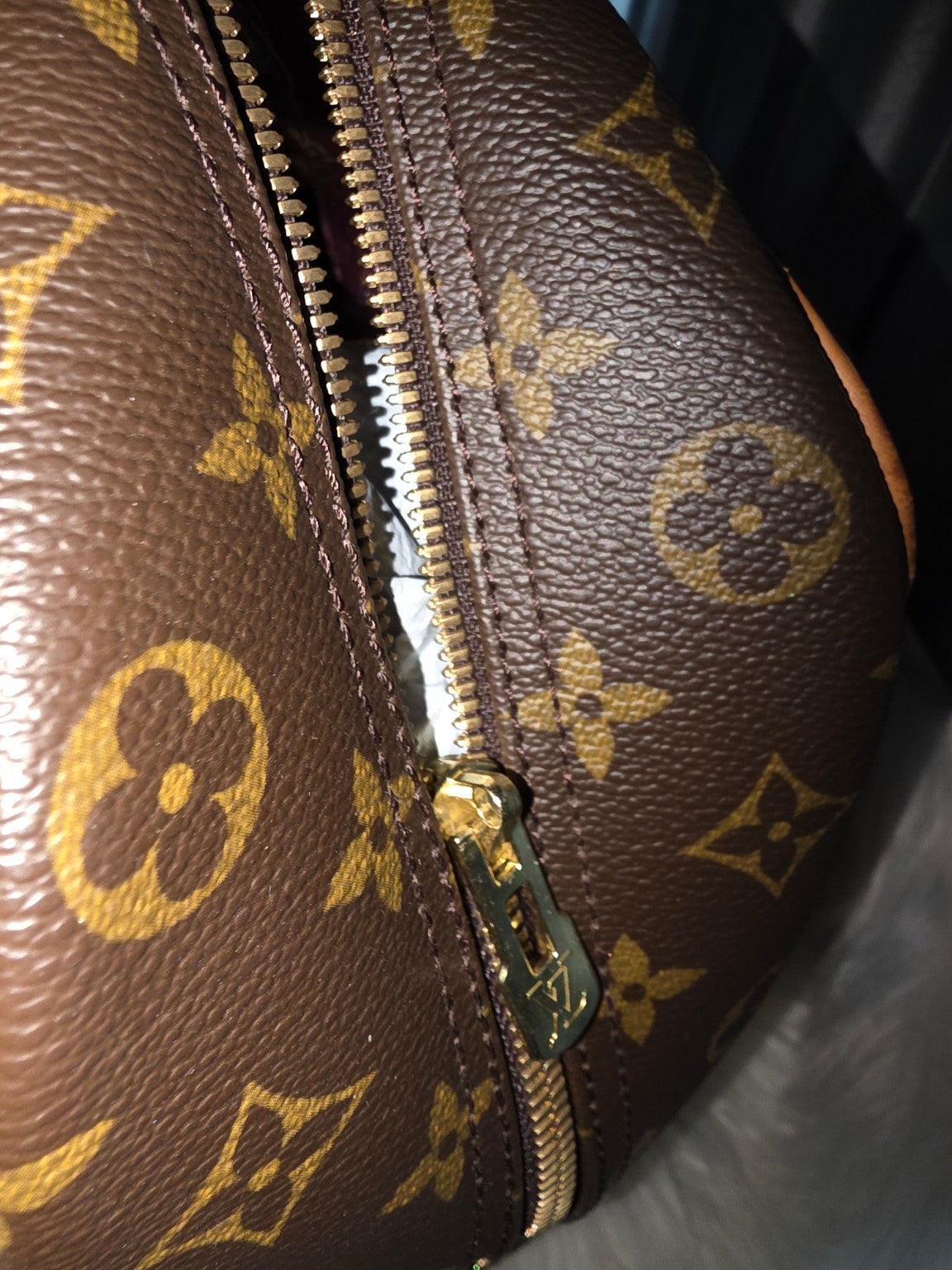 Gold-tone zipper and monogram canvas detail