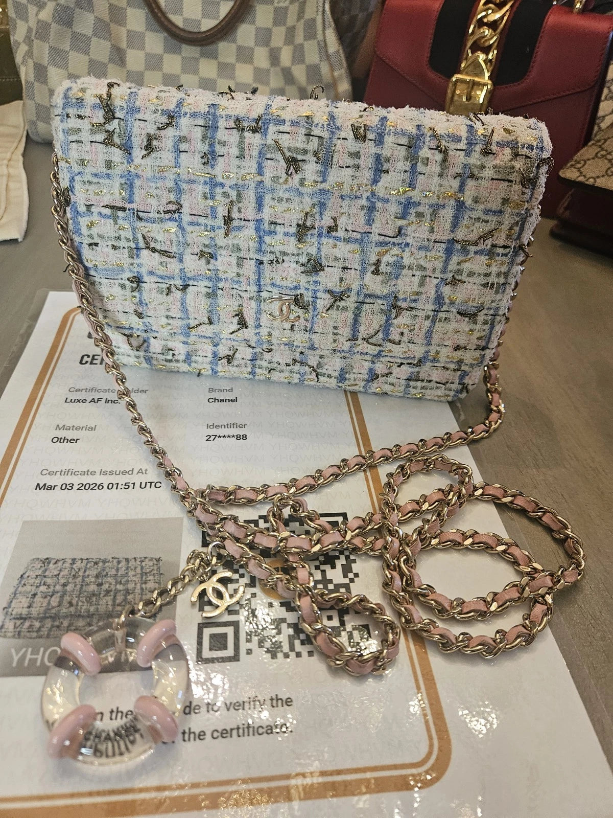 Authentic Tweed Chanel Wallet on Chain with Charm