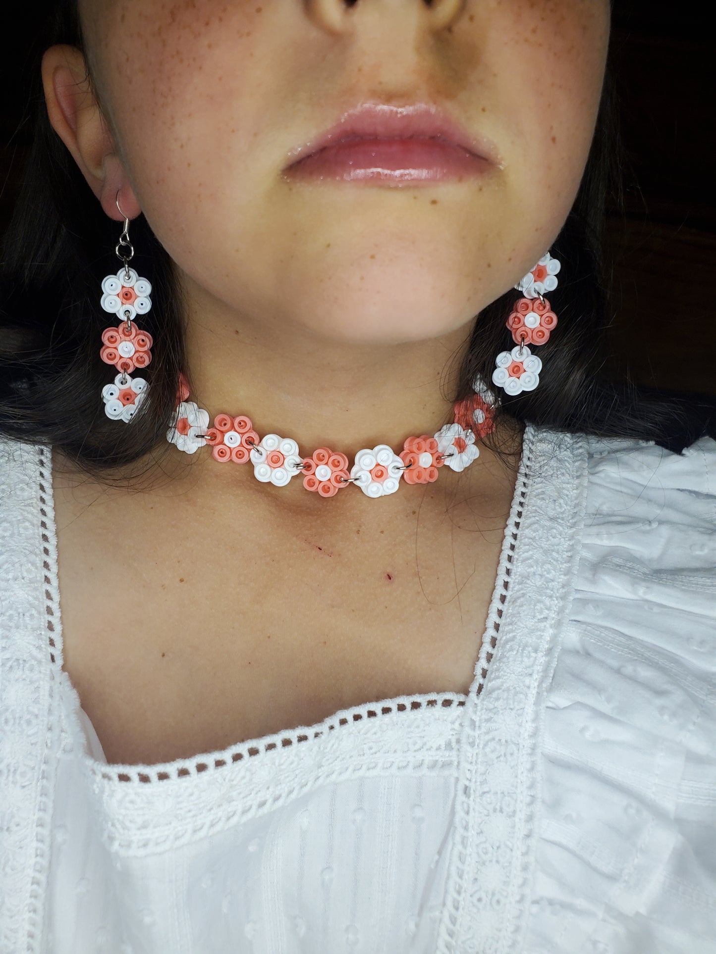 Chocker & Earring Set, pink and white