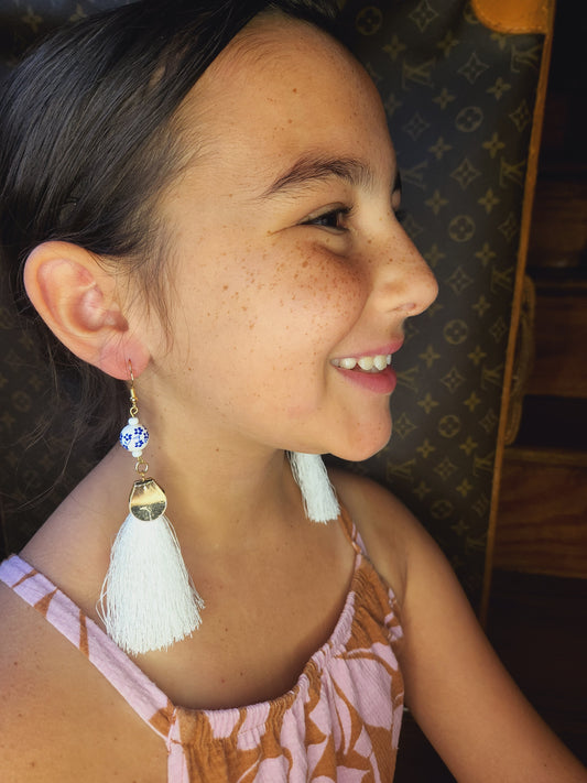 White and Blue Tassel Earrings