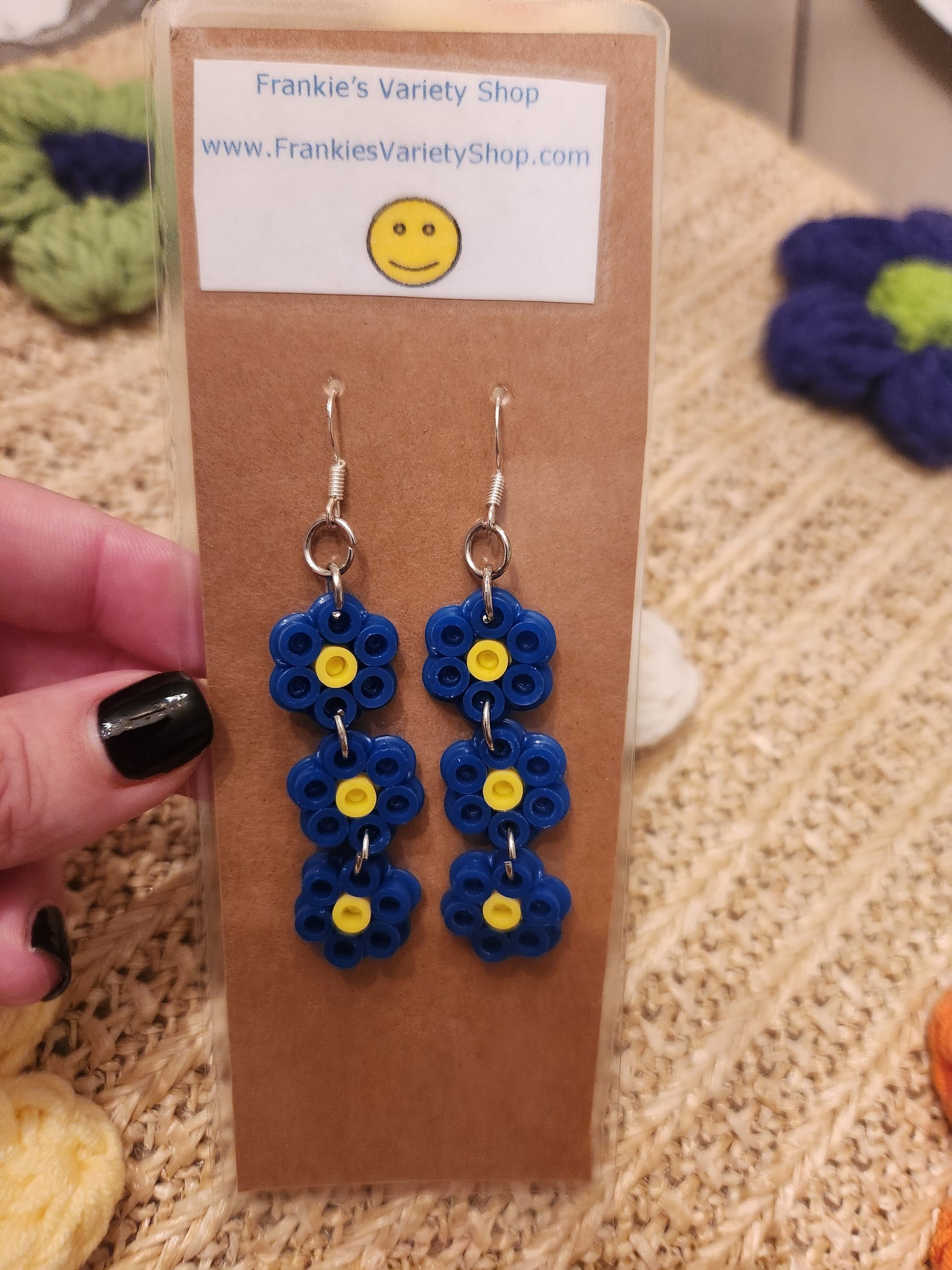 Flower Dangle Earrings, blue & yellow